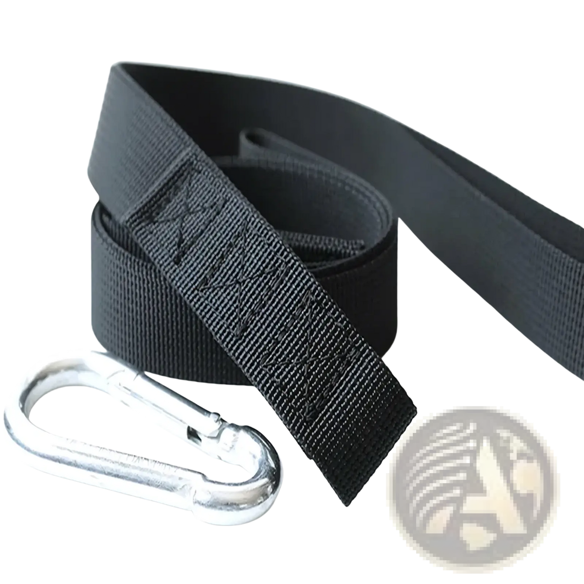 Black woven nylon battle rope anchor strap with silver heavy duty carabiner clip for secure workout setup