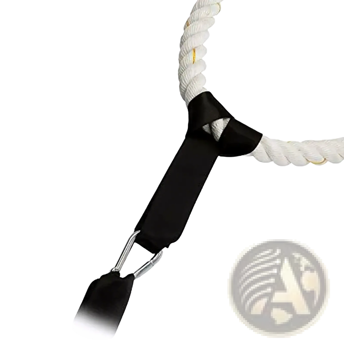 White braided battle rope anchor strap with black nylon fabric and metal carabiner for heavy duty use