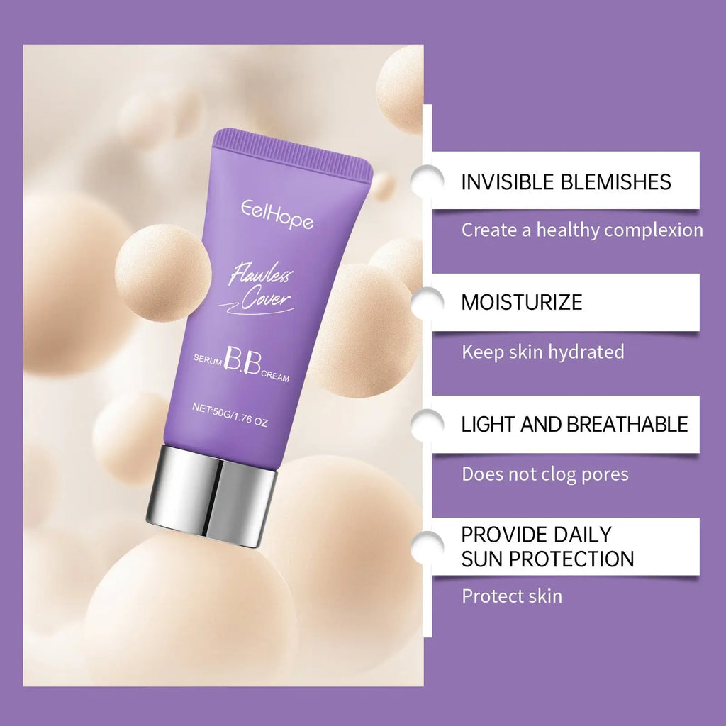 Purple tube of Eelhope flawless cover serum BB cream moisturizing 50g with silver cap for smooth complexion