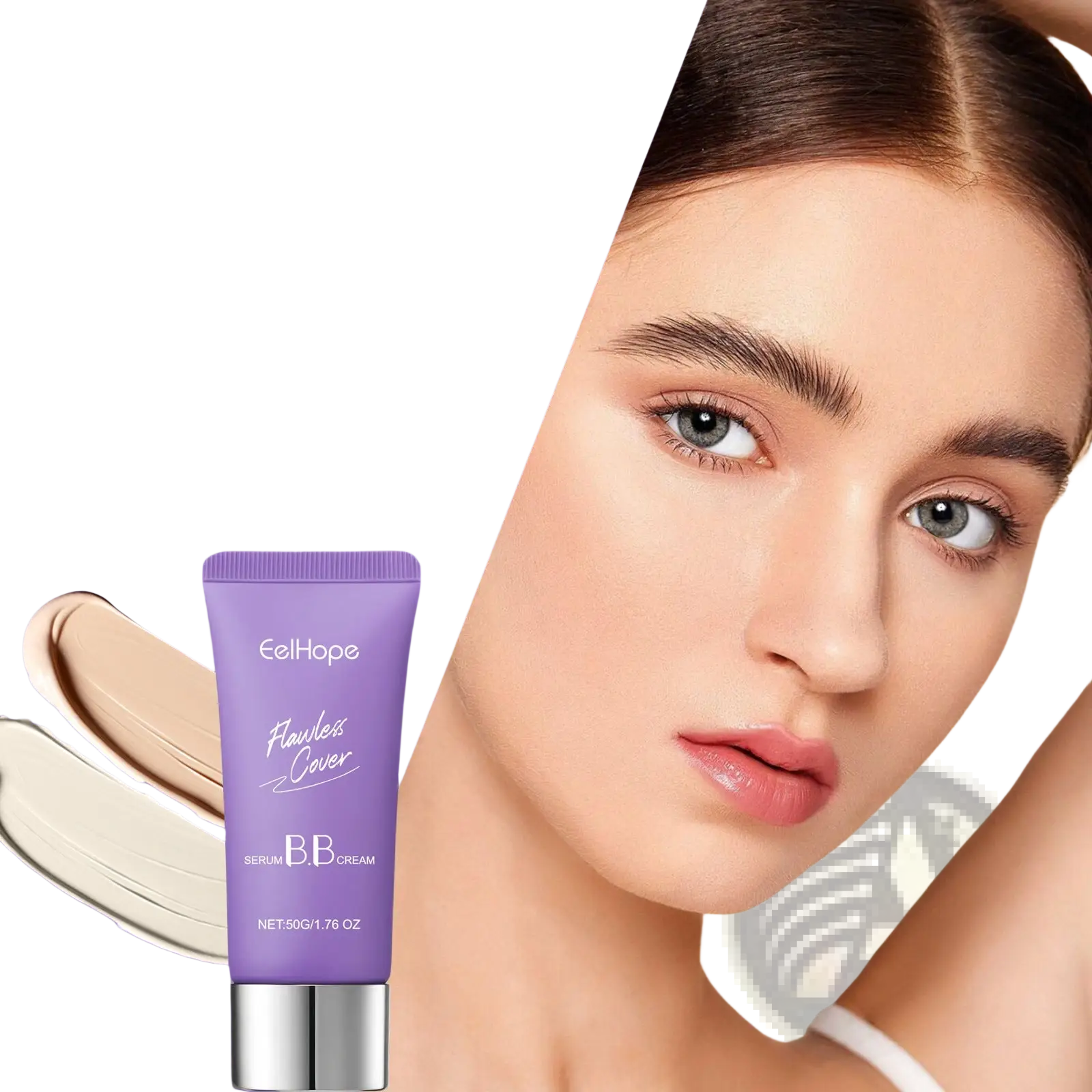 Purple tube of eelhope bb cream flawless cover serum moisturizing 50g with silver cap and beige product swatch beside it