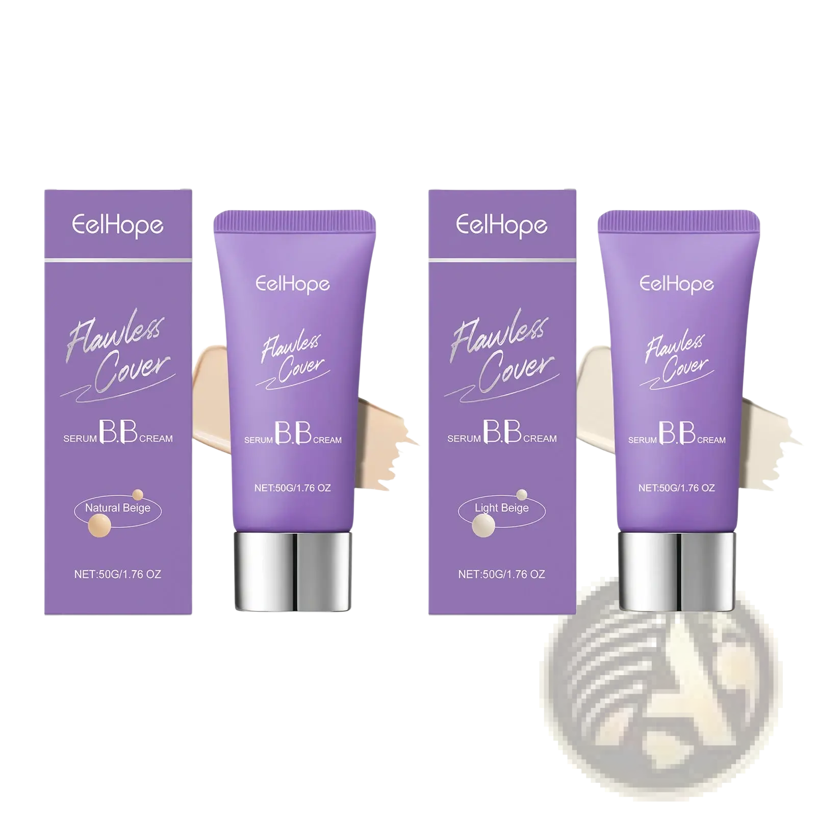 Purple eelhope bb cream flawless cover serum moisturizing 50g tubes with silver caps and natural beige and light beige boxes