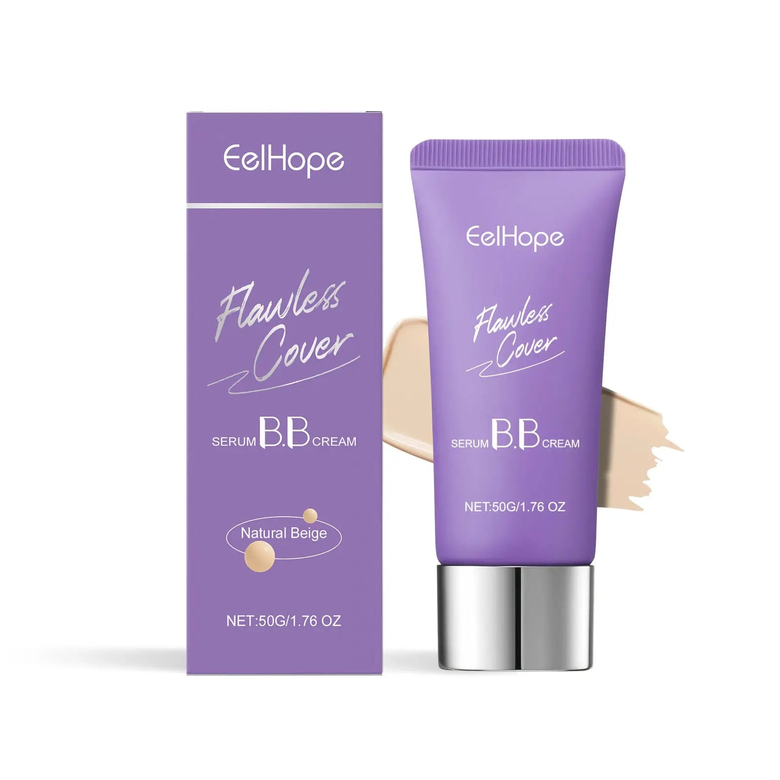 Purple eelhope bb cream flawless cover serum moisturizing 50g tube in natural beige with silver cap and matching box