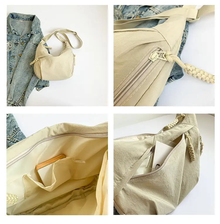 Beige canvas nylon crossbody bag with large capacity, braided rope strap, zipper details, and hobo shoulder design.