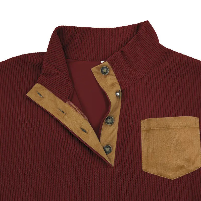 Maroon slim fit corduroy henley shirt with tan suede accents on the collar placket and chest pocket.