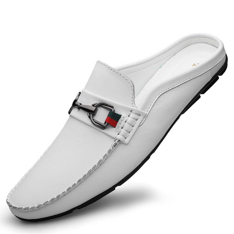 Men’s white leather slip-on mule loafers featuring a black metal buckle and red green striped woven accent.