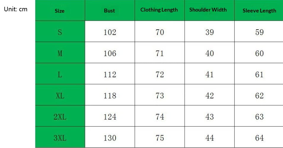 Table verte affichant le tableau des tailles en centimètres pour chemise décontractée homme à manches longues, avec poche, indiquant la poitrine, la largeur d’épaule, la longueur de manche et la longueur du vêtement, de la taille S à 3XL