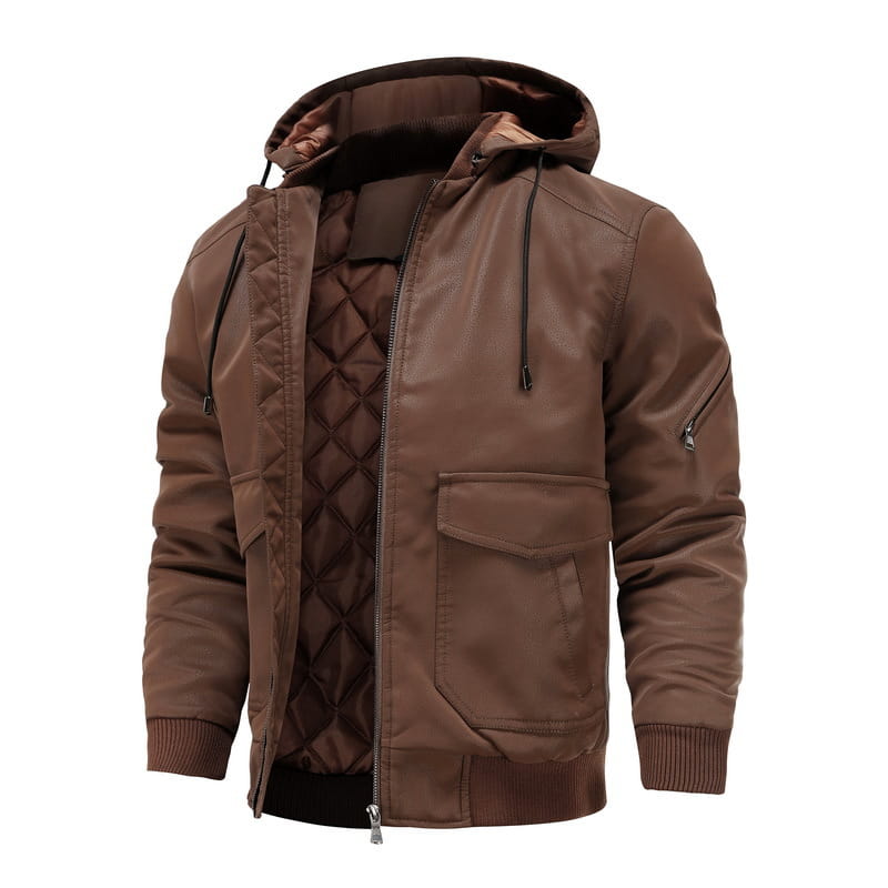 Men’s brown faux leather motorcycle jacket with quilted interior, ribbed cuffs, and a removable hood.