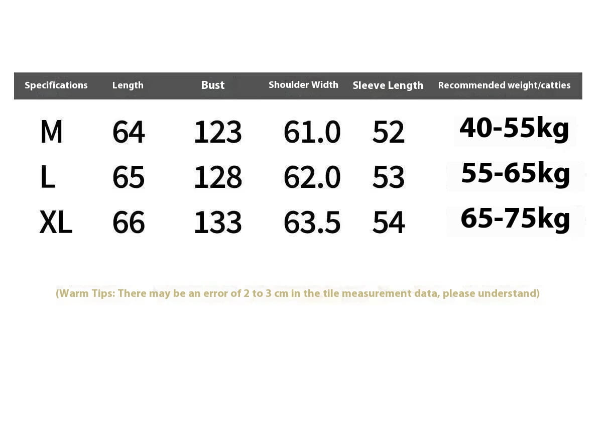 Size chart for puffer jacket loose hooded winter coat displaying measurements in centimeters and recommended weight ranges for sizes m l and xl.