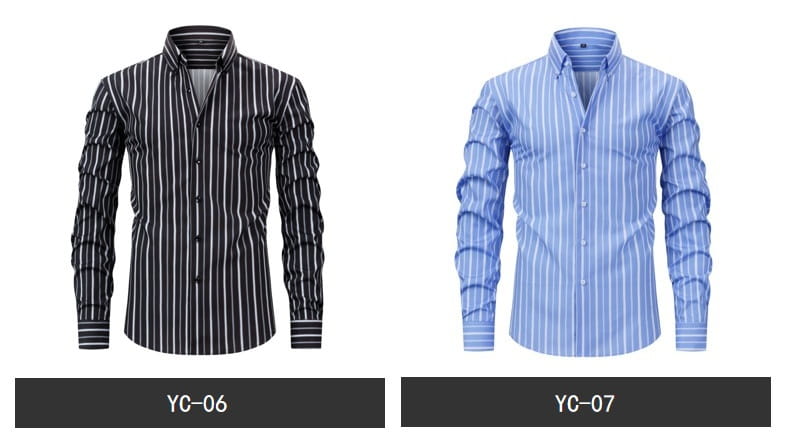 Camisa de vestir abotonada de manga larga con rayas verticales negro y blanco, cuello clásico y finas rayas tipo pinstripe en la tela.
