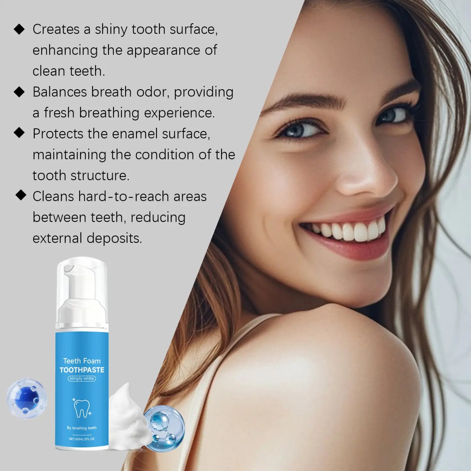 a blue foaming toothpaste bottle with a white pump labeled teeth foam toothpaste for use as a simply white mousse pump dispenser