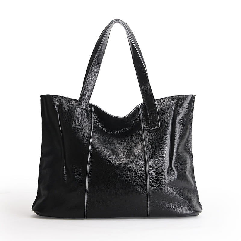 Black leather tote bag with pebbled cowhide texture and subtle stitching details designed as a shoulder handbag.