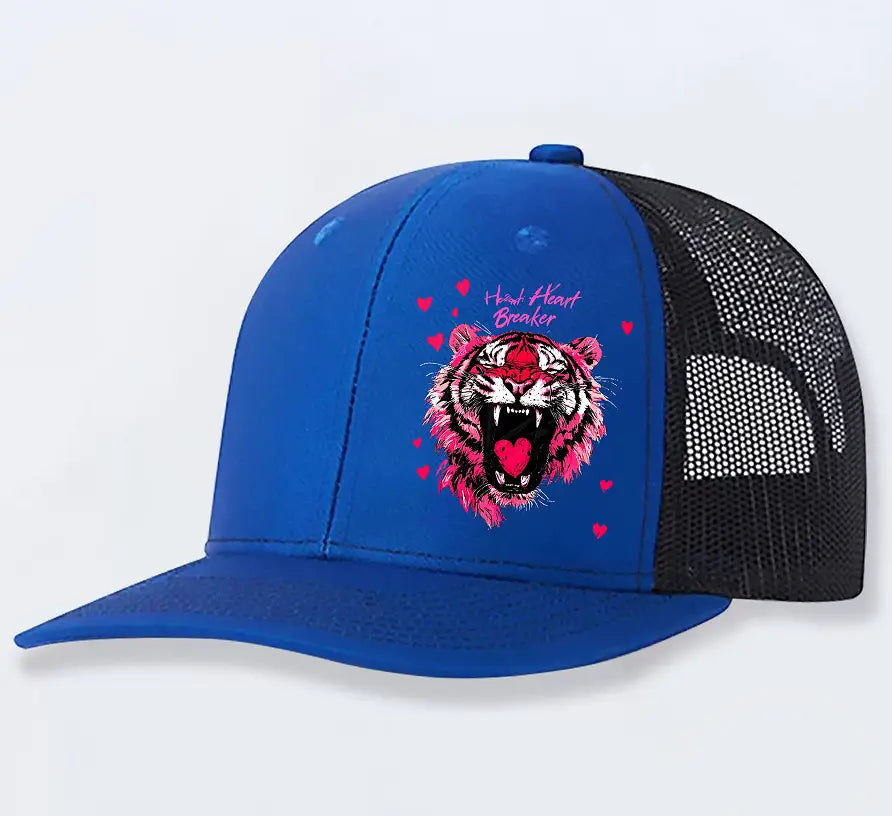 Blue and black trucker hat featuring a vibrant pink tiger graphic with the text heart heart breaker above it, designed for men and titled tiger graphic trucker hat men heart breaker tan.