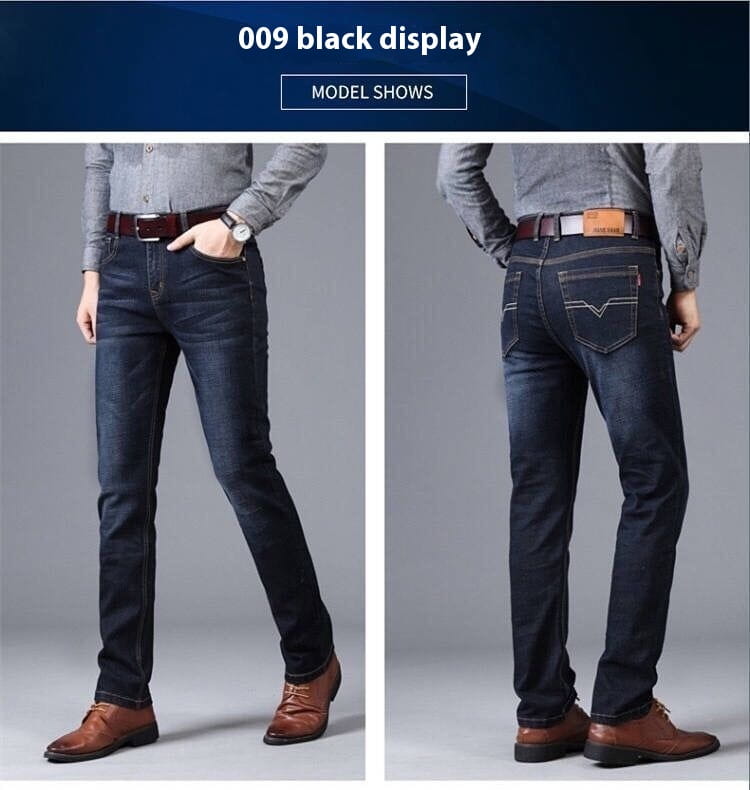 Jeans d’affaires décontractés pour homme à taille haute, coupe slim, avec élasticité, en denim indigo foncé, avec un design classique à cinq poches.