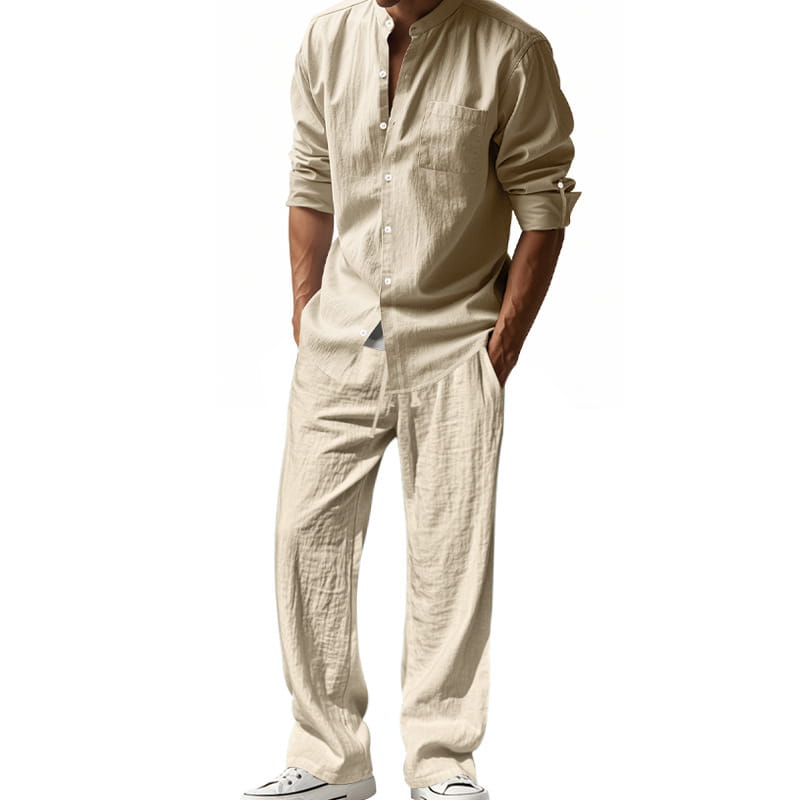 Beiges Leinenhemd mit Knopfverschluss, mit umgeschlagenen Ärmeln und Brusttasche, aus dem Set mit Herren-Leinenhemd und -Hose