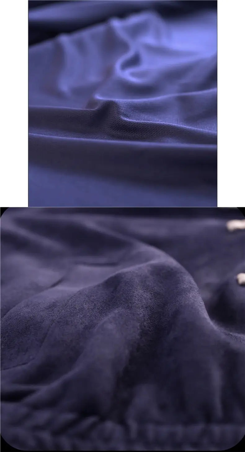 dark blue velvet fabric with a soft plush texture and subtle sheen featured in the tang style fleece sport jacket