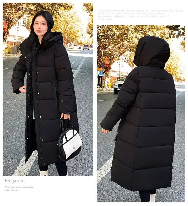 Schwarzer gesteppter Puffer-Mantel mit Kapuze und vorderem Knopfverschluss, ausgelegt als koreanische gesteppte Pufferjacke mit Kapuze.