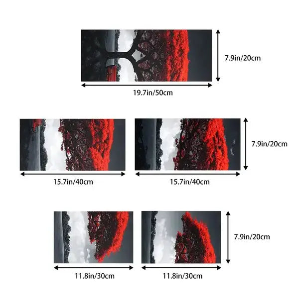 Wandkunst auf Leinwand mit rotem Baum, mit abstrakten Baumdarstellungen in Rot und Schwarz in verschiedenen Größen zur Gestaltung von Landschaften.