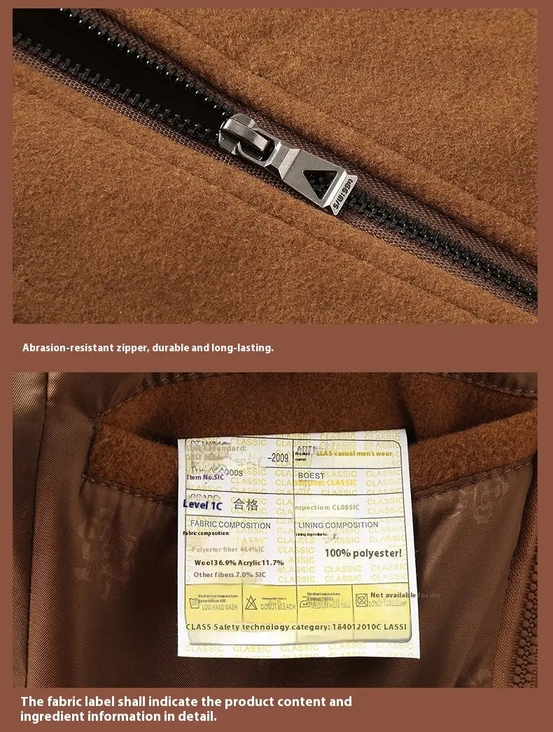 Men woolen coat zipper trench jacket in brown with fleece lining black zipper and silver triangular pull tab.