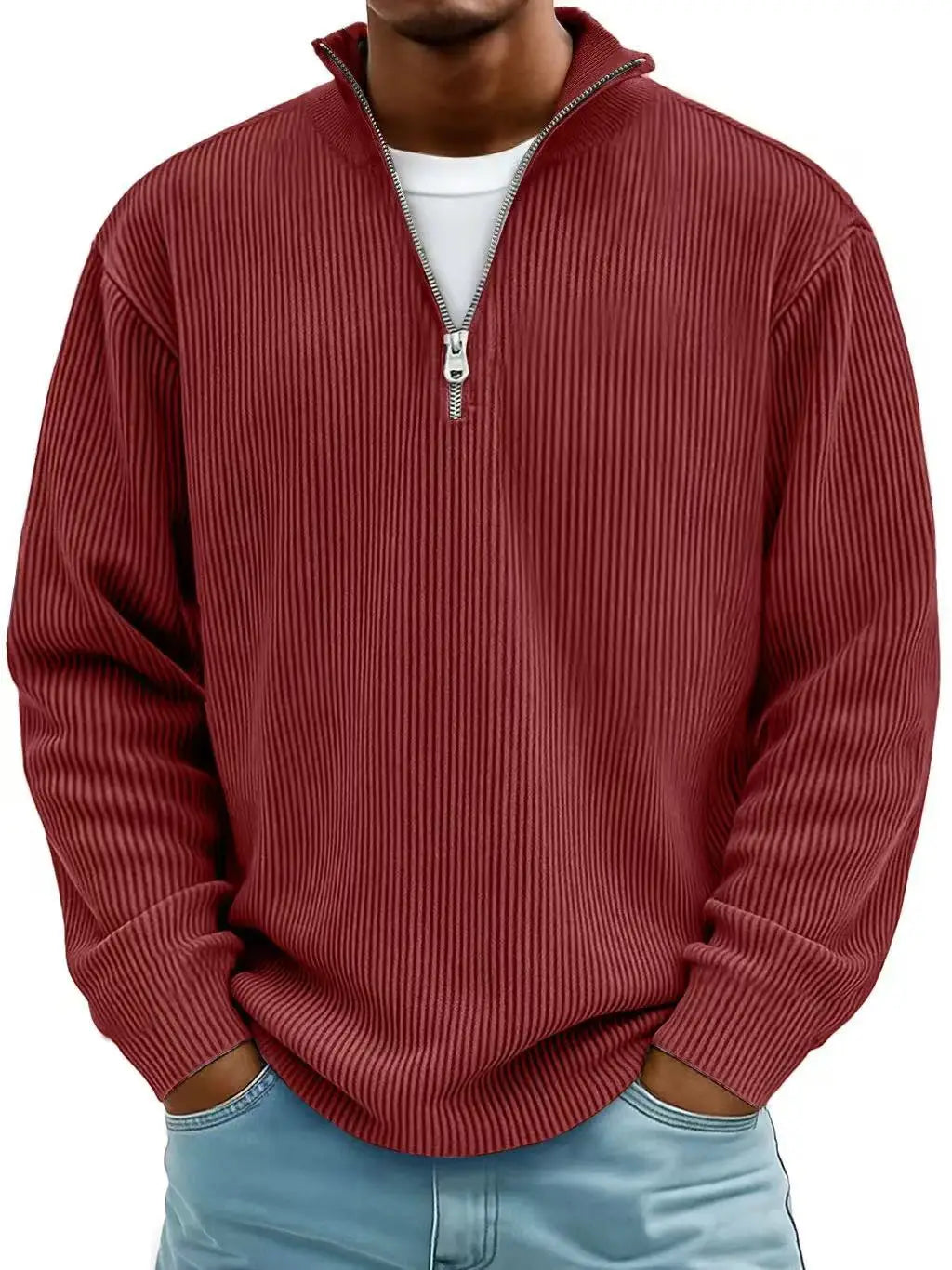 Men’s ribbed knit half zip corduroy polo sweatshirt in red with a ribbed texture and silver zipper.