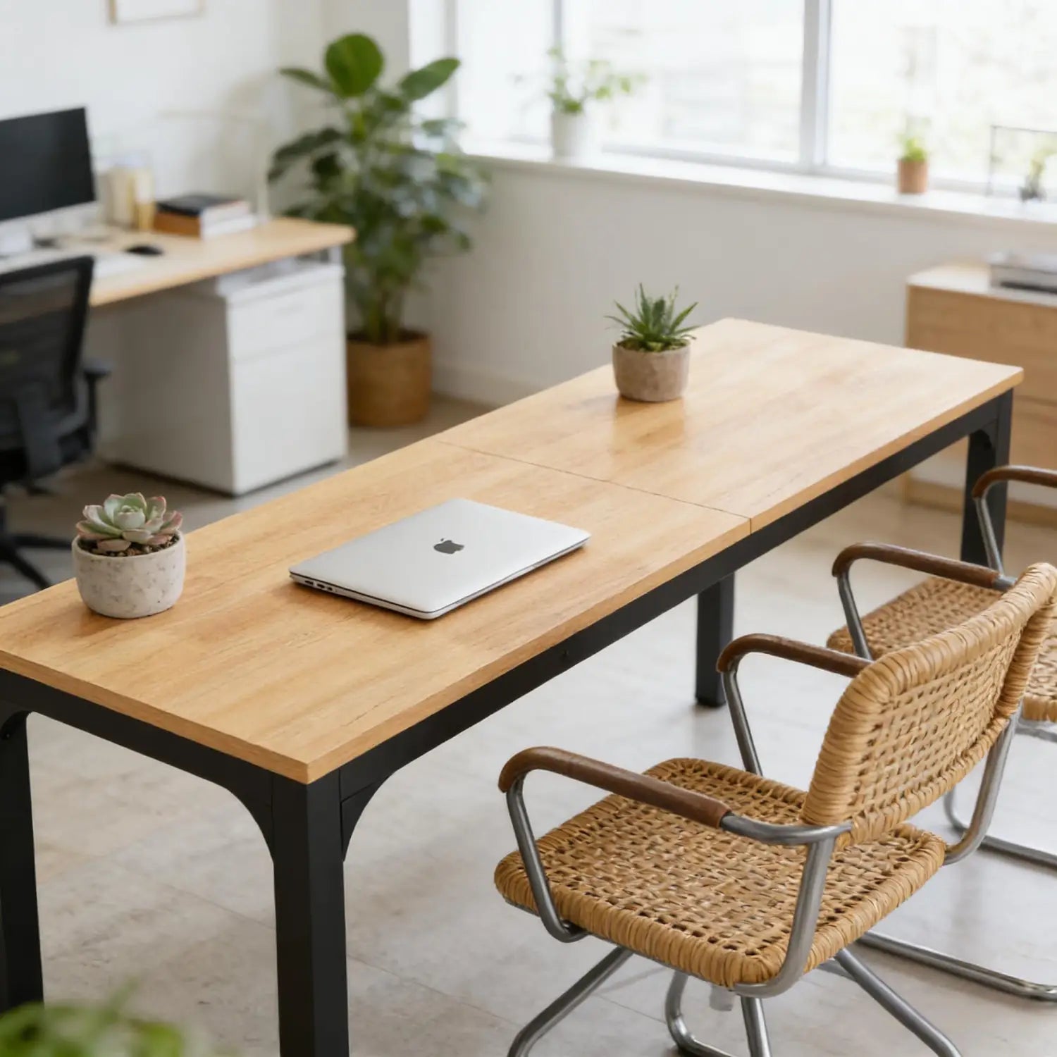 Bureau de direction de 78 pouces, double poste de travail, avec surface à grain de bois clair et pieds en métal noir présentant un design épuré et minimaliste.