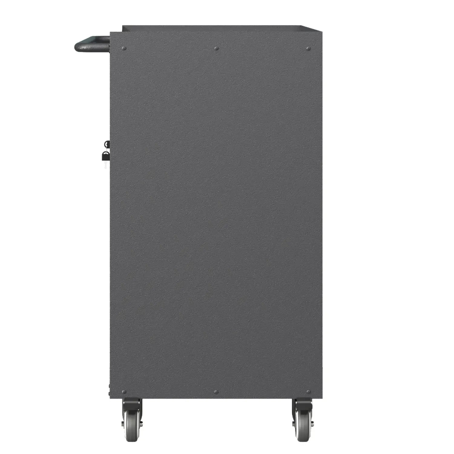 Dark gray metal tool storage cabinet with wheels featuring four drawers and a handle on top for easy mobility.