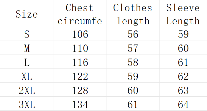 Tabla de tallas para un abrigo de invierno acolchado con rombos para mujer en talla grande, con medidas en centímetros en las tallas de S a 3XL.