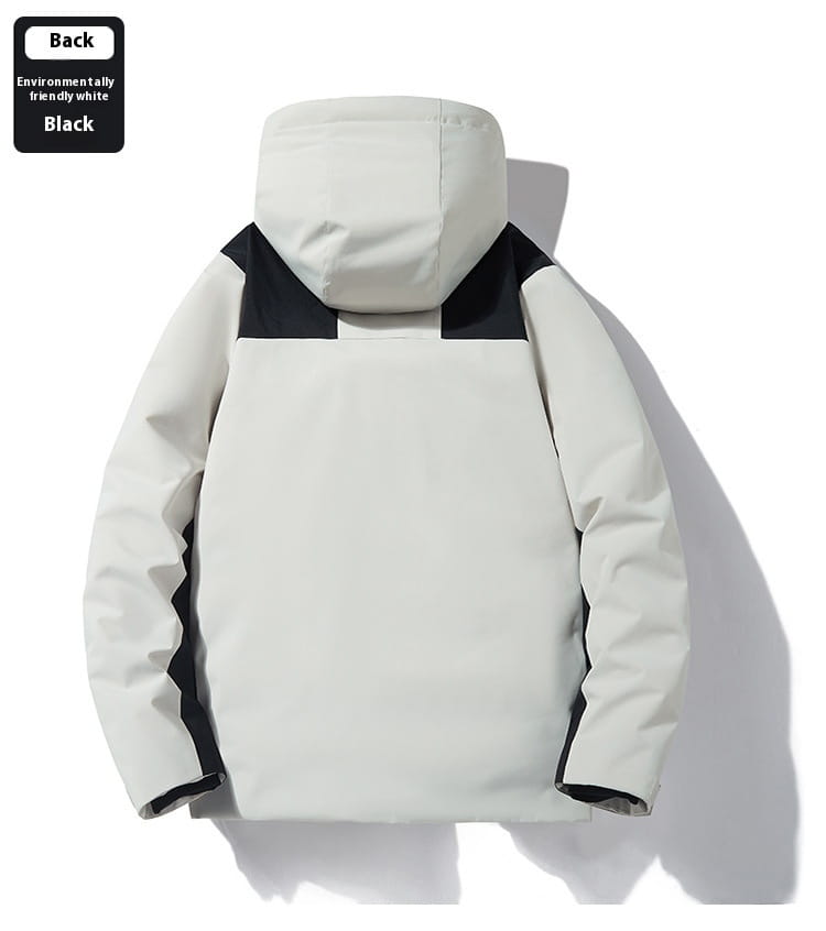 A sleek two-tone windproof waterproof puffer jacket with a white body and black shoulder panels designed for winter use.