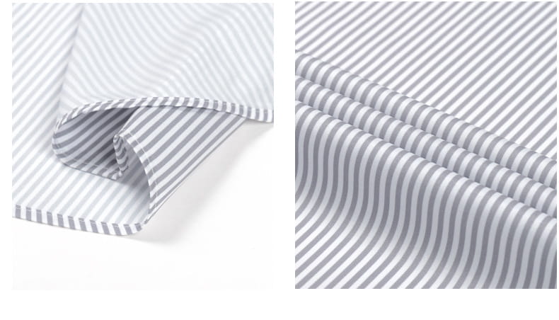Herren Stretch-Langarm-Kleidhemd mit gestreiftem Baumwollstoff in Grau und Weiß, mit einer klaren, maßgeschneiderten Textur.