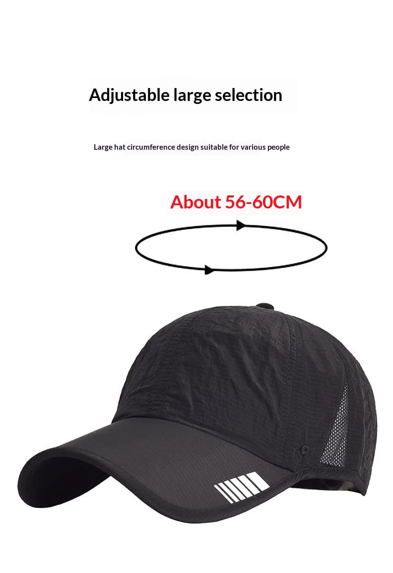 Black adjustable quick-drying running hat with mesh side panels and white reflective stripes on the brim designed as a sports sun cap.
