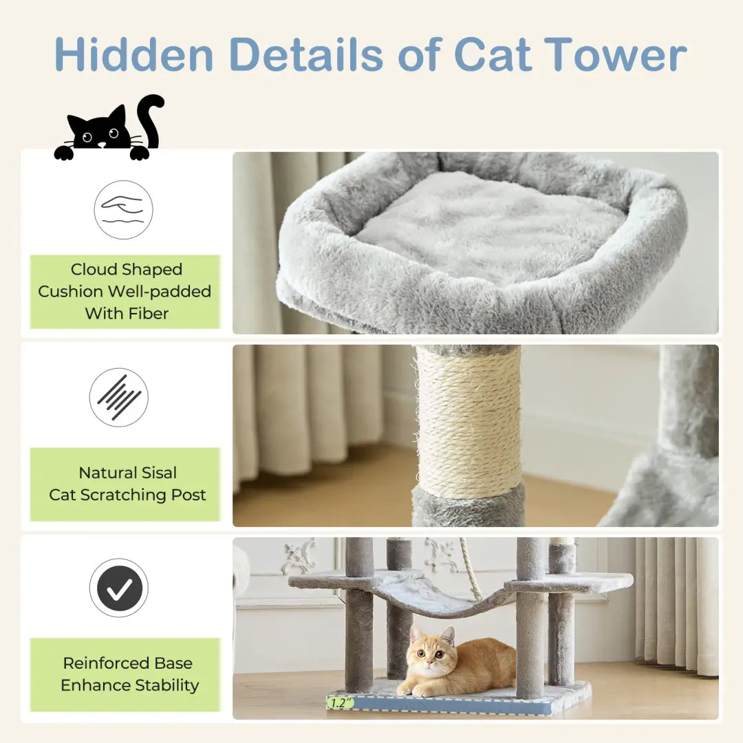 Gray cloud-shaped cushioned cat bed with soft plush fabric and fiber-filled interior included in the 66 inch multi-cat tree tower and condo.