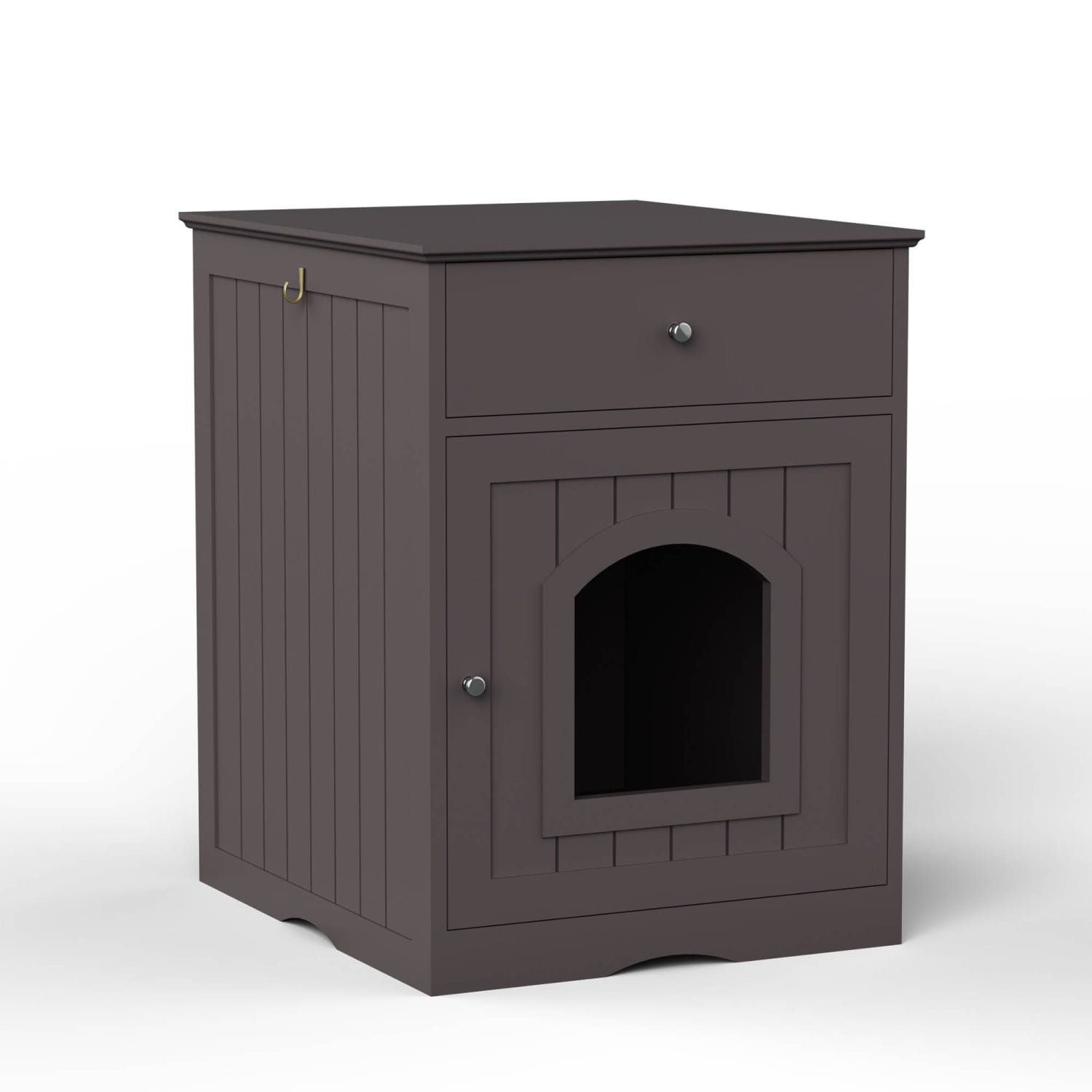 Eine Einfassung für eine Katzenkloschale aus dunkelgrauem Holz als Nachttisch mit Schublade und einem gebogenen Eingang zur unauffälligen Nutzung durch Katzen.