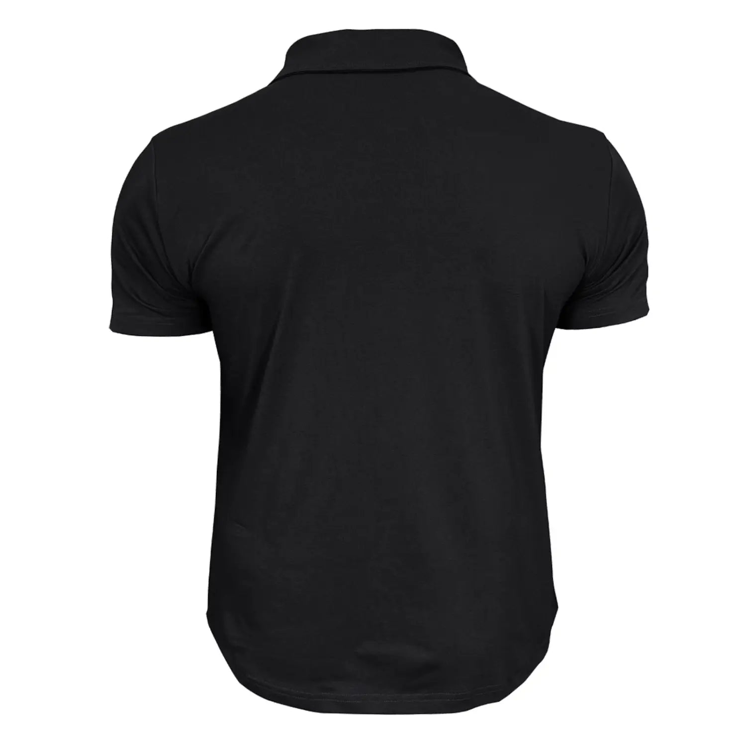 men’s dual pocket short sleeve cotton blend polo shirt in black with a classic collar and ribbed trim.