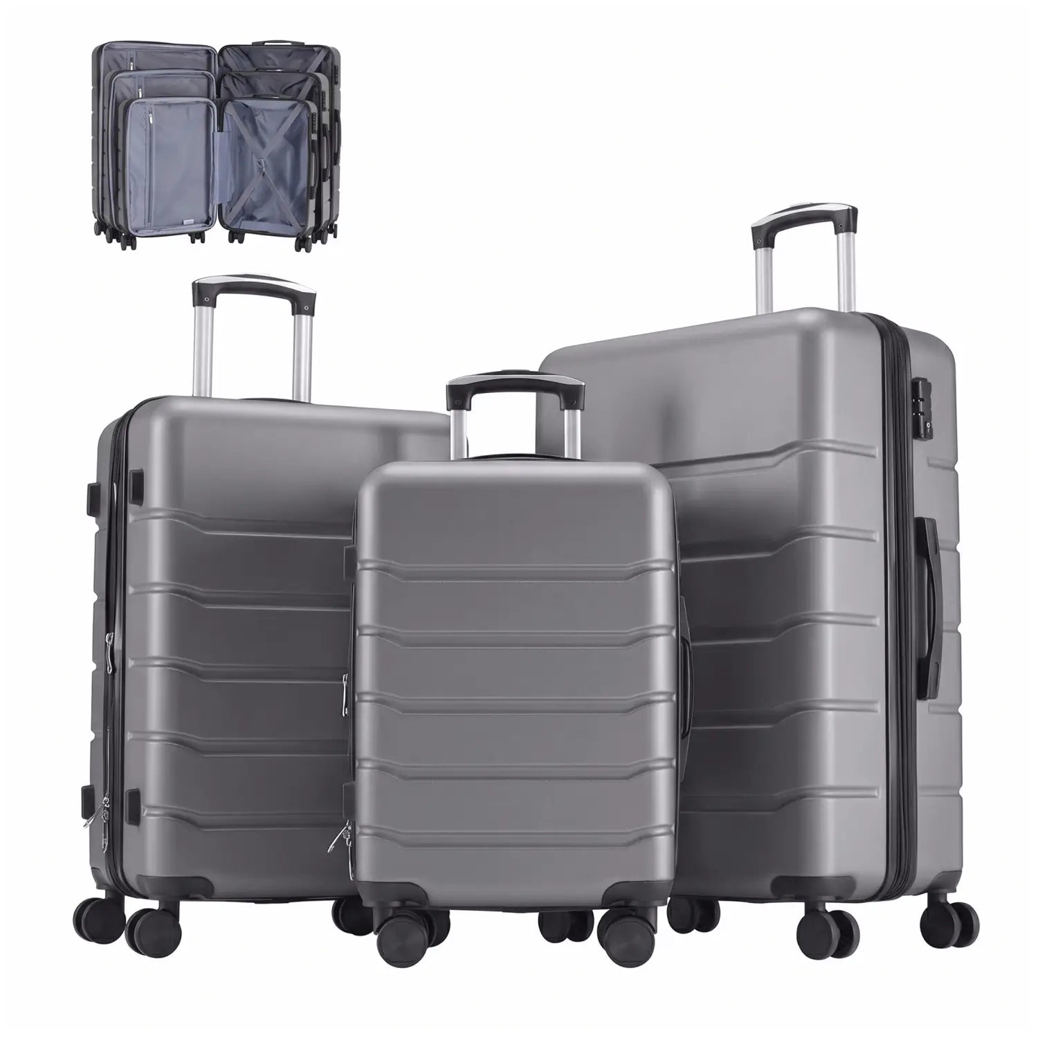 Set of three gray expandable abs spinner luggage hard shell suitcases with black zippers and handles.