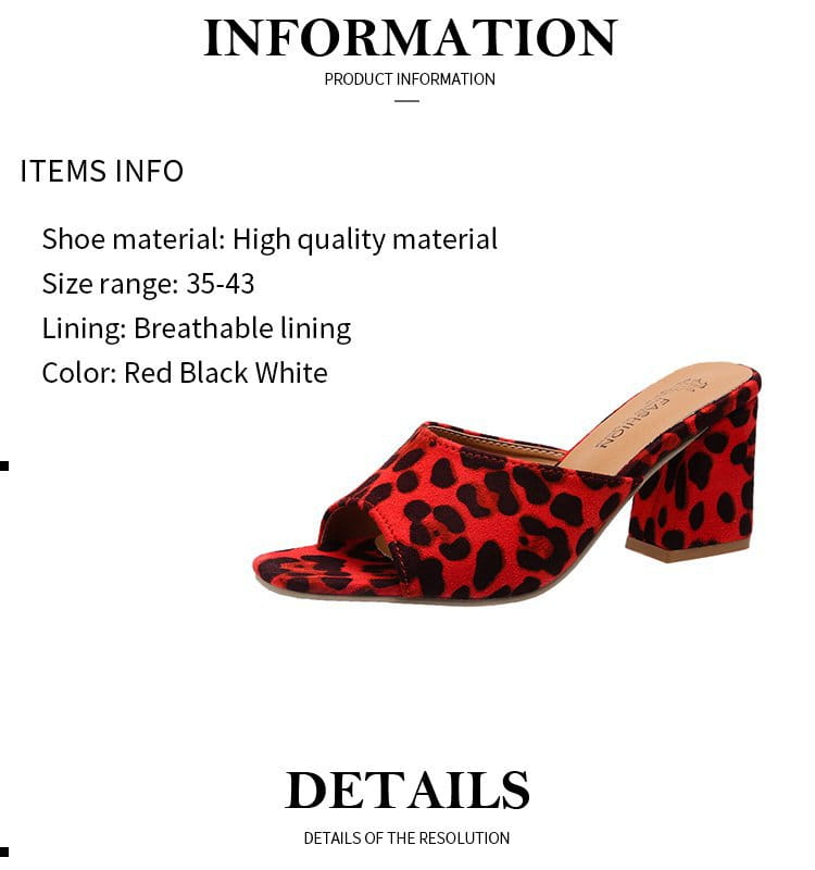 leopard square toe chunky heel mule sandals in red white and tan with leopard print and block heels