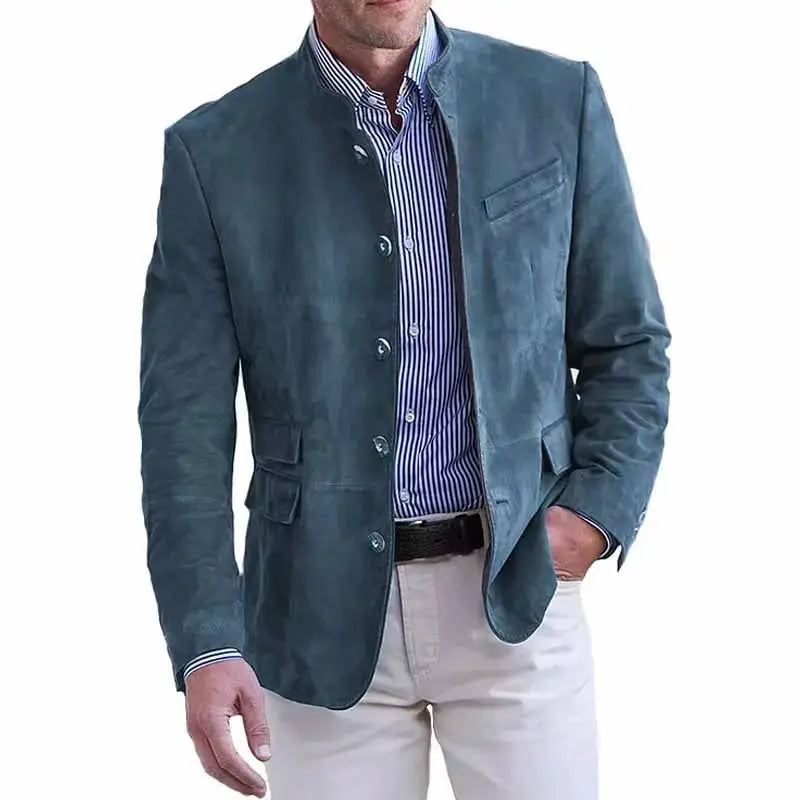 men’s business casual blazer jacket in teal suede featuring a mandarin collar and button closures