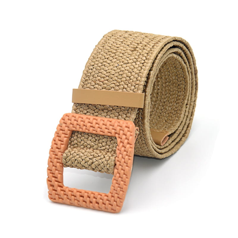 Beige woven elastic belt with a peach-colored square buckle designed for flexible and stylish wear.