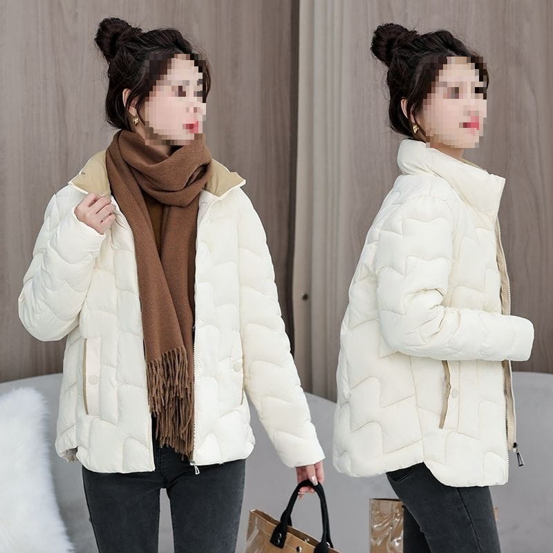 Cream-colored quilted cotton padded coat with a beige collar and zipper accents in a Korean style jacket design.