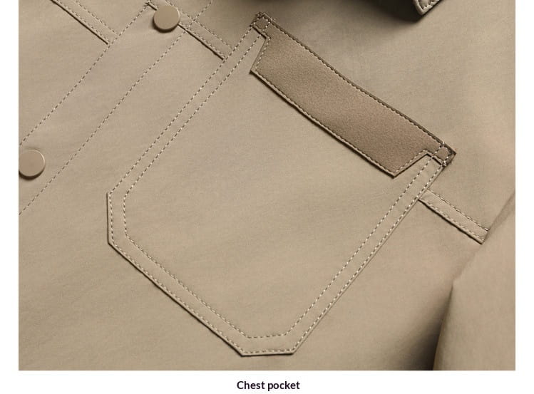 Men lapel utility jacket featuring a beige chest pocket with contrasting suede flap and matching stitching and checkered lining.