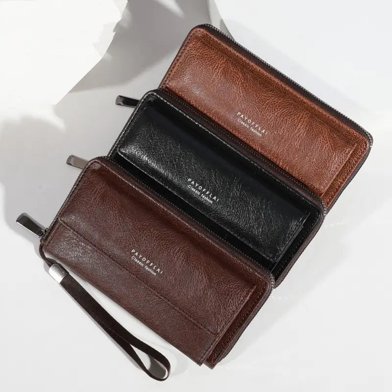 Men’s pu leather long wallets with wrist strap in brown and black featuring a textured finish and payoefiai brand name embossed on the front.