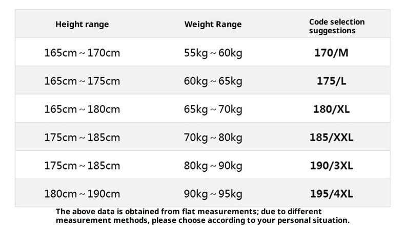 Guide des tailles pour veste bombardier légère pour homme avec fermeture éclair et doublure à carreaux, indiquant des fourchettes de taille et de poids avec des codes de taille correspondants tels que 170/m et 195/4xl.