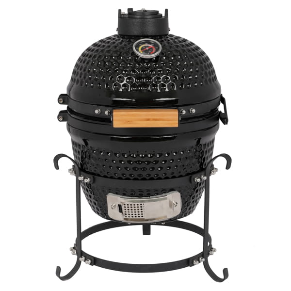 Black ceramic kamado charcoal grill 13 inch with a wooden handle and stainless steel accents.