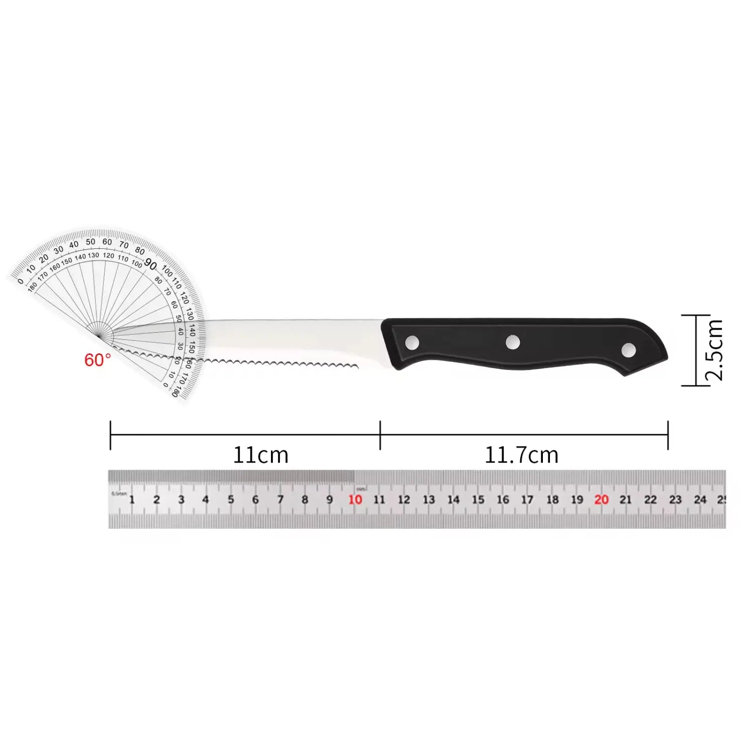Cuchillo de cocina de mango negro, con hoja de acero inoxidable dentada y transportador integrado, de un set de 12 piezas de cuchillos de cocina de acero al carbono con mangos de ABS.
