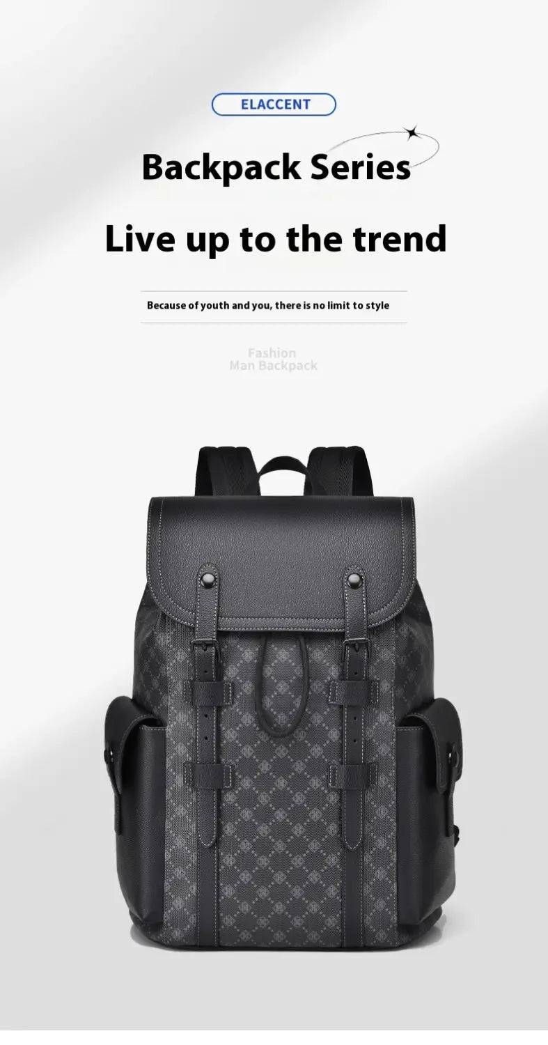 Men’s leather business travel backpack in black and gray pattern with a textured front flap, leather straps, metallic hardware, and a laptop sleeve.