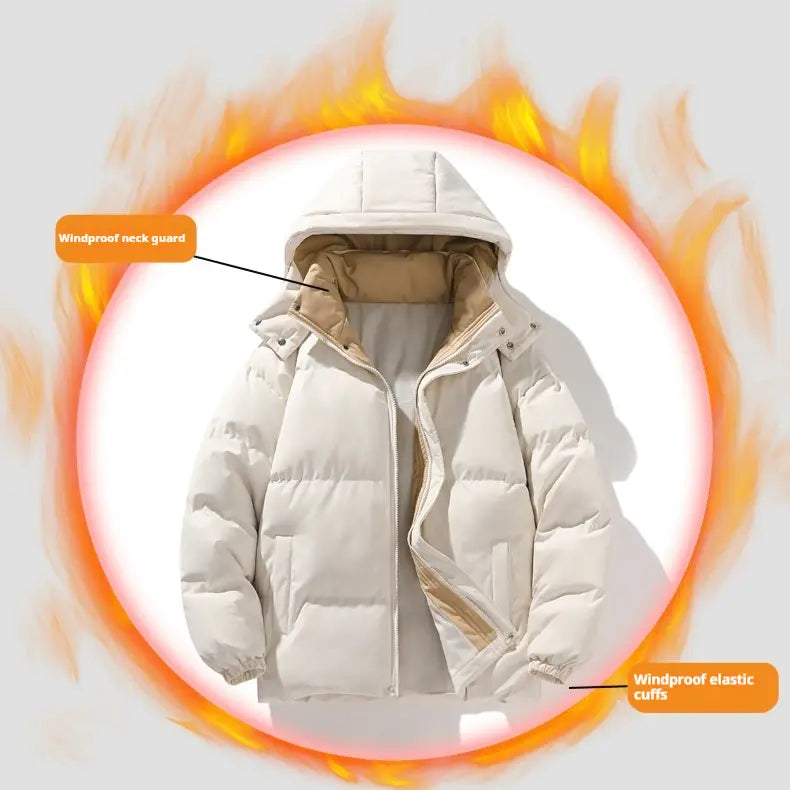 Off-white insulated hooded quilted puffer jacket for outdoor sports featuring a windproof neck guard and elastic cuffs.
