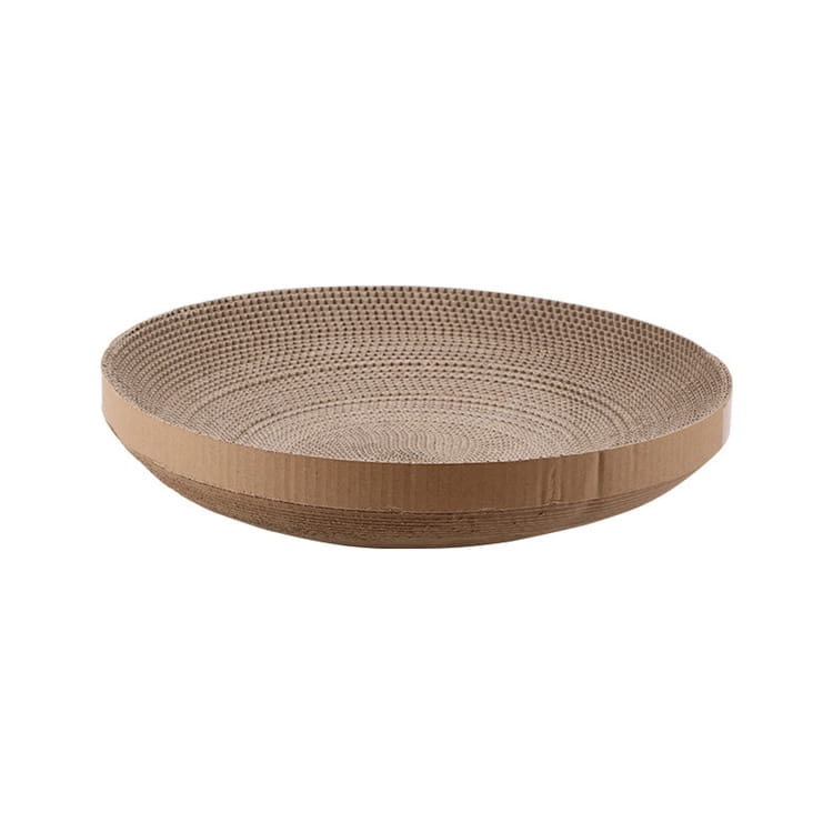 Brown corrugated cardboard cat scratching pad with textured woven surface and raised edges for the kraft paper pet bed washable round dog cat nest.
