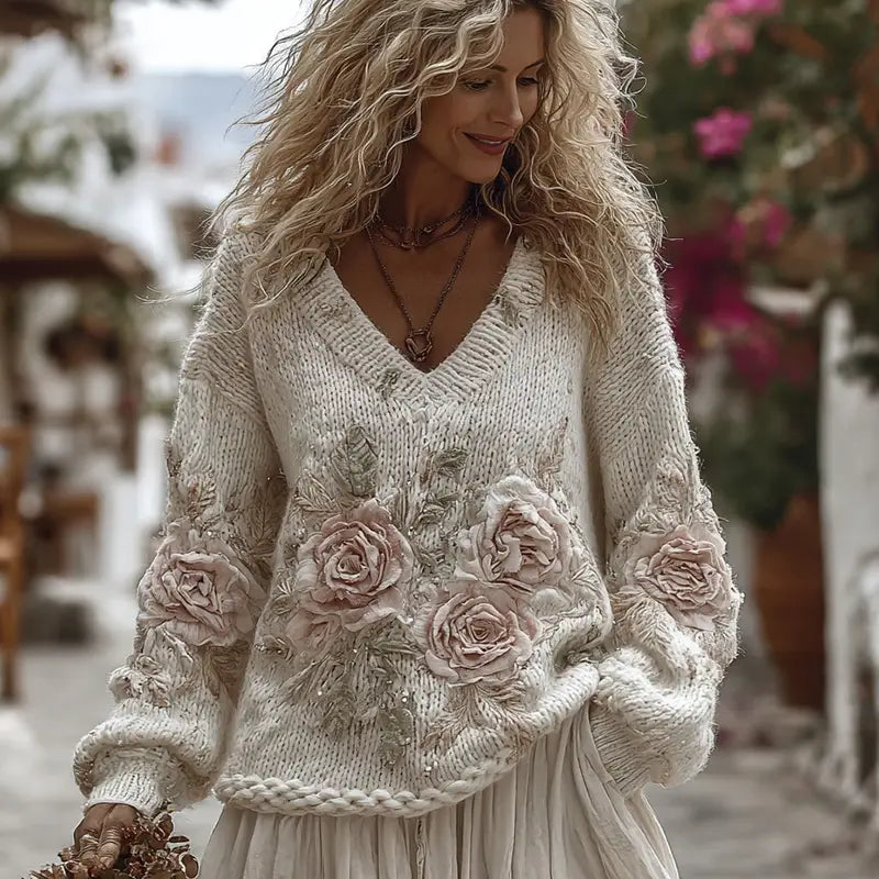 Un suéter esponjoso de punto grueso color crema, bordado de gato navideño, con intrincado bordado de rosas tridimensional en tonos rosa suave y verde apagado