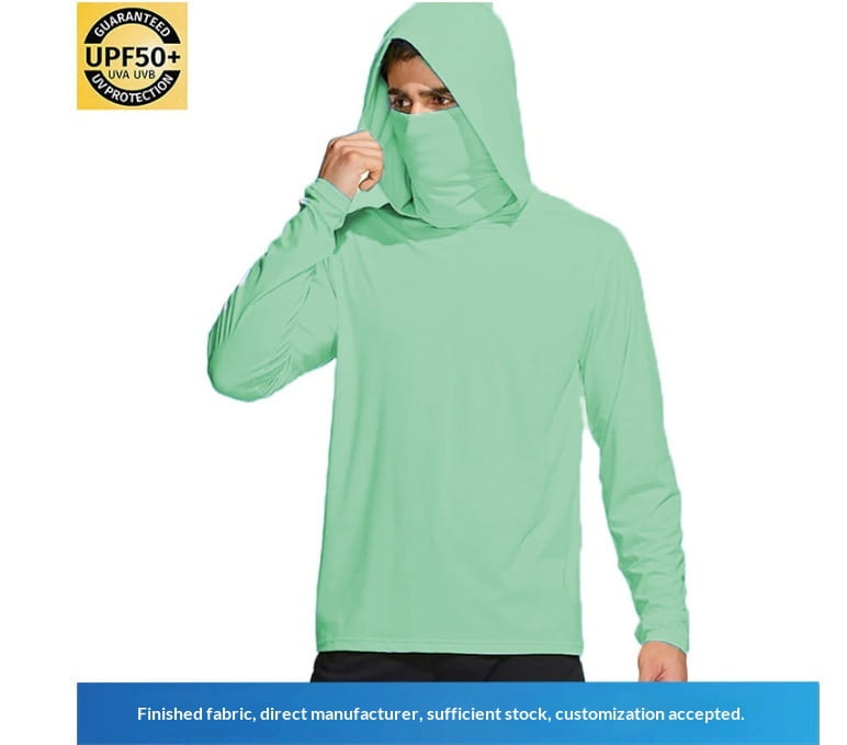 Sudadera con capucha para exteriores de seda de hielo color verde claro, con máscara facial integrada para protección solar.