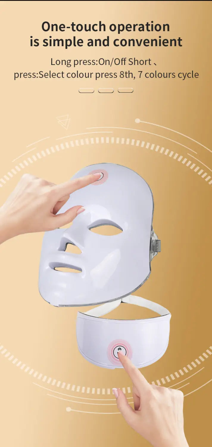White led beauty mask with a sleek smooth surface and adjustable headband as part of a led beauty mask and roller 3-in-1 rejuvenation set.