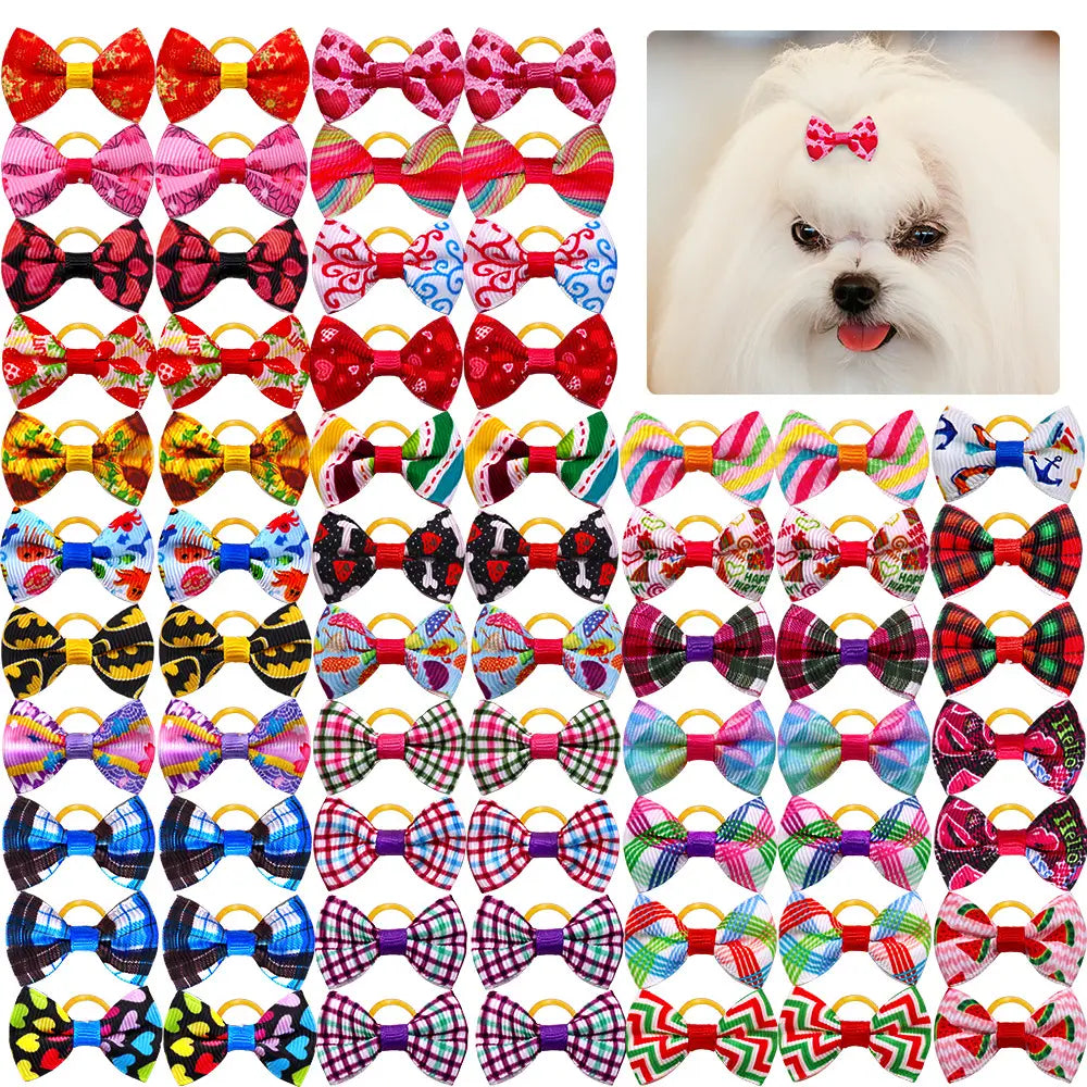 a collection of colorful plaid fabric dog bows with gold-colored metal rings for pet hair accessories