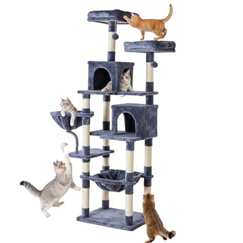 Blue-gray 71 inch multi-level cat tree tower with sisal scratching posts and plush platforms for cat climbing and resting.
